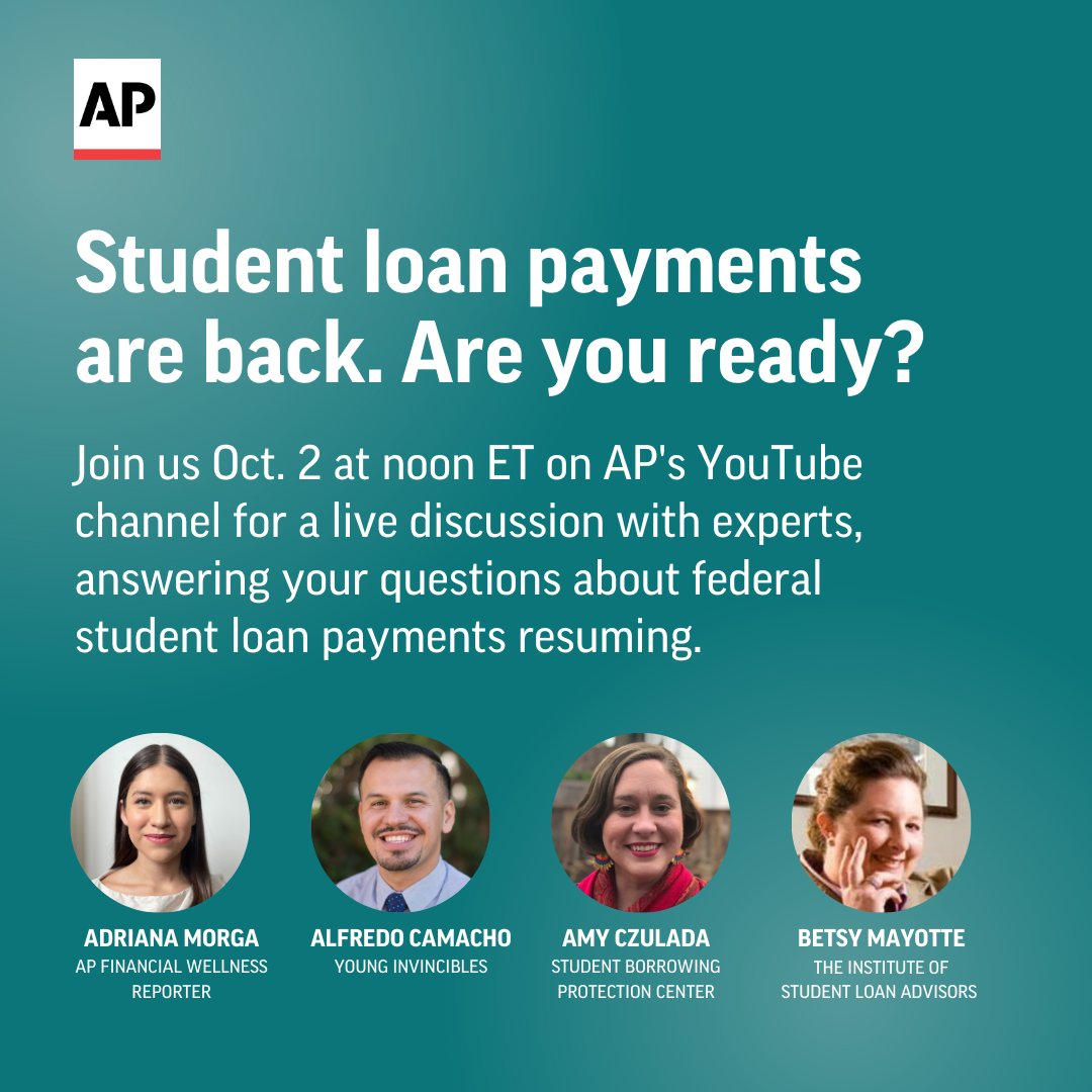 📣 We’re going live on YouTube to talk about FAQs about how to prepare for student loan repayment.

Join us Monday (Oct. 2) at noon ET.

Do you have questions? Drop them here. apne.ws/KPxg7kG