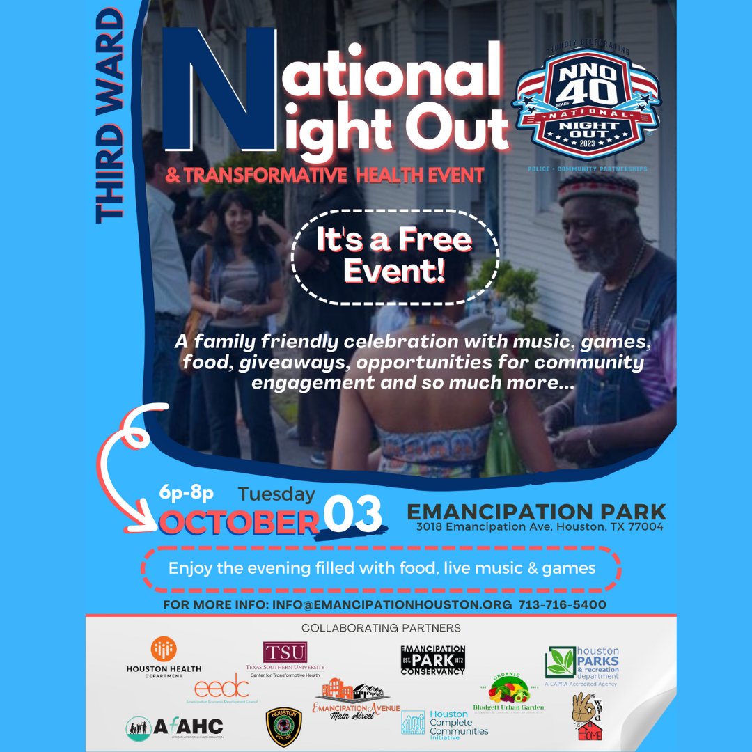 Houston Complete Communities (@completehouston) on Twitter photo Join <a href="/EPConservancy/">Emancipation Park Conservancy</a> for a National Night Out and Transformative Health Event in Third Ward! Enjoy community spirit, music, games, food, giveaways, and health screenings. Let's celebrate the vibrant energy of the Third Ward community! Join <a href="/EPConservancy/">Emancipation Park Conservancy</a> for a National Night Out and Transformative Health Event in Third Ward! Enjoy community spirit, music, games, food, giveaways, and health screenings. Let's celebrate the vibrant energy of the Third Ward community!