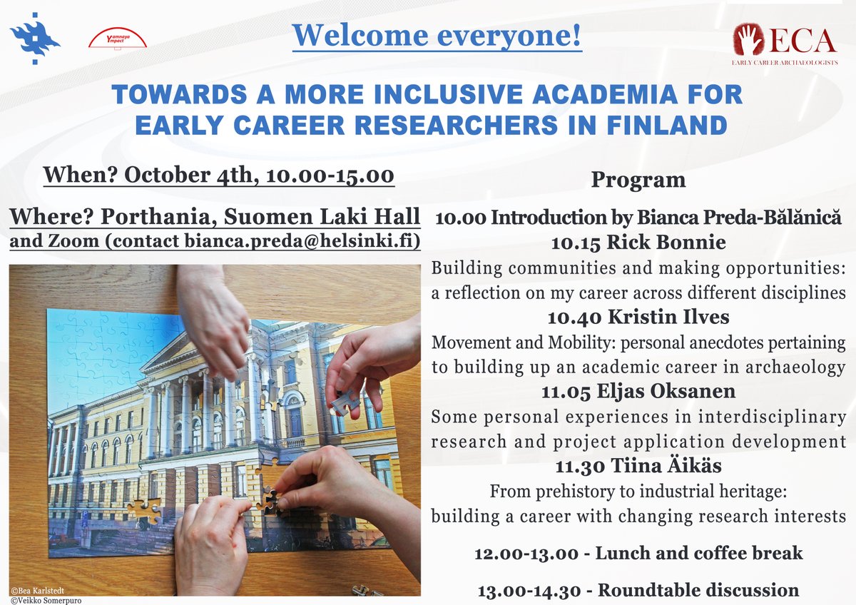 New  workshop "Towards a more inclusive academia for Early Career  Researchers in Finland". Although the workshop is a case study of the  Finnish academic environment, the topics approached are relevant for  members of the ECA community regardless of where  they are located.