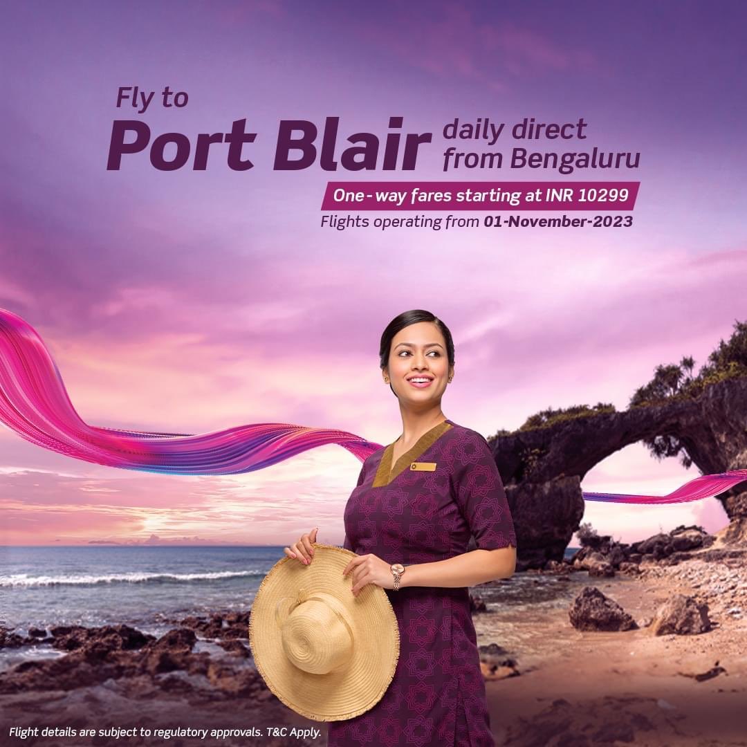 deepakmahadeva3's tweet photo. Experience the captivating allure of Port Blair, from the pristine beaches to the glimmering blue waters. Explore this enchanting destination with daily direct flights from Bengaluru, with one-way fares starting at INR 10299. Flights operating from 01-November-2023. https://t.co/rHVI6QaOBF