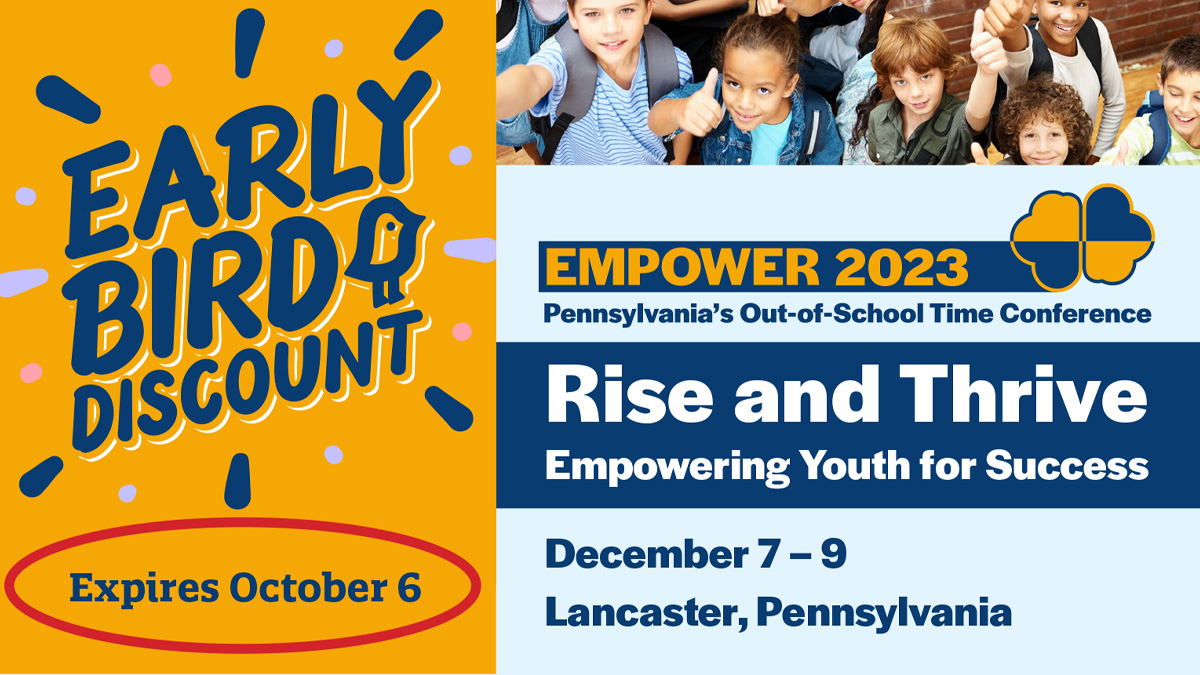 PSAYDN's tweet photo. Did you know? You can save up to $100 on your registration for EMPOWER 2023, Pennsylvania's Only Out-of-School Time Conference, if you register by Oct. 6! #empowerOST #afterschool #CollegePathways #DEIB #FamilyEngagement #STEM #SEL #Leadership #Advocacy https://t.co/55eRHms77p https://t.co/j0W0oVEwd1