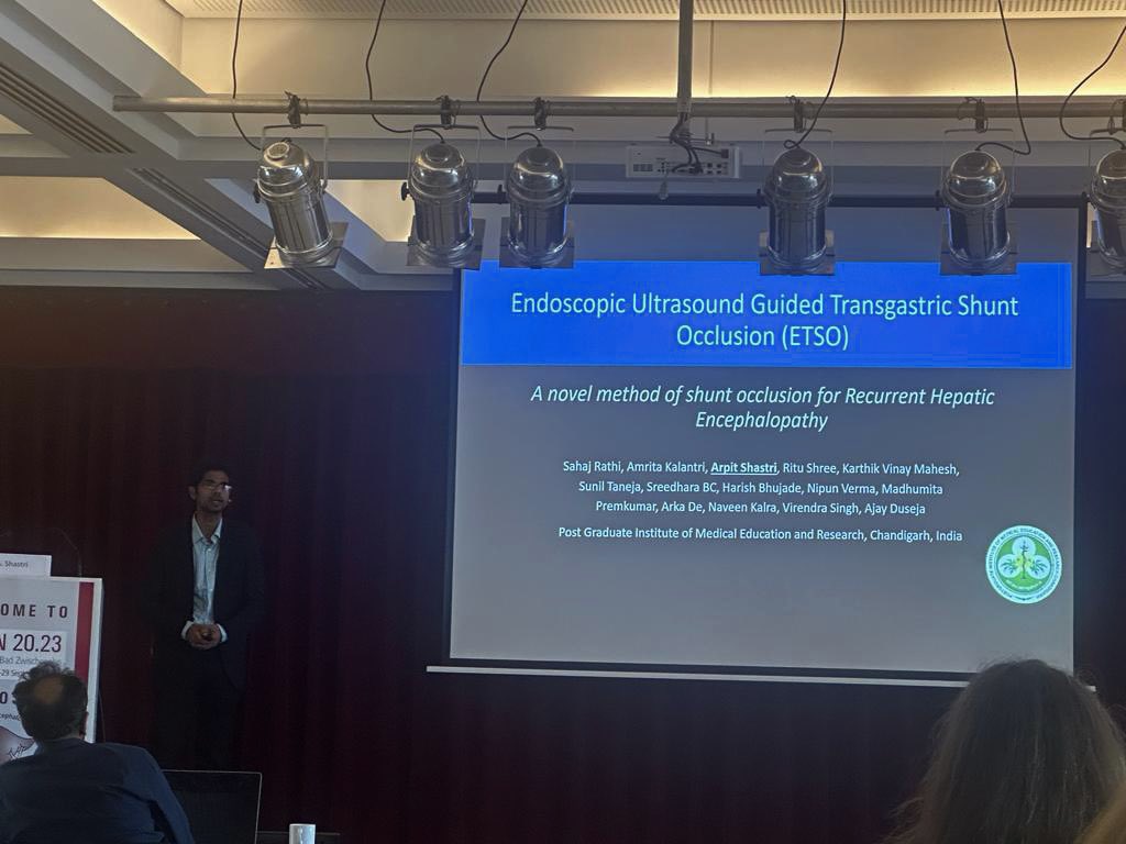 Our resident @ARPITSHASTRI_7 presenting clinical outcomes of EUS guided Transgastric Shunt Occlusion #ETSO for recurrent/refractory HE at @ISHENliver Delighted that our work at @HepatologyPGI was shortlisted for this select meeting of foremost Hep Enceph experts #LiverTwitter