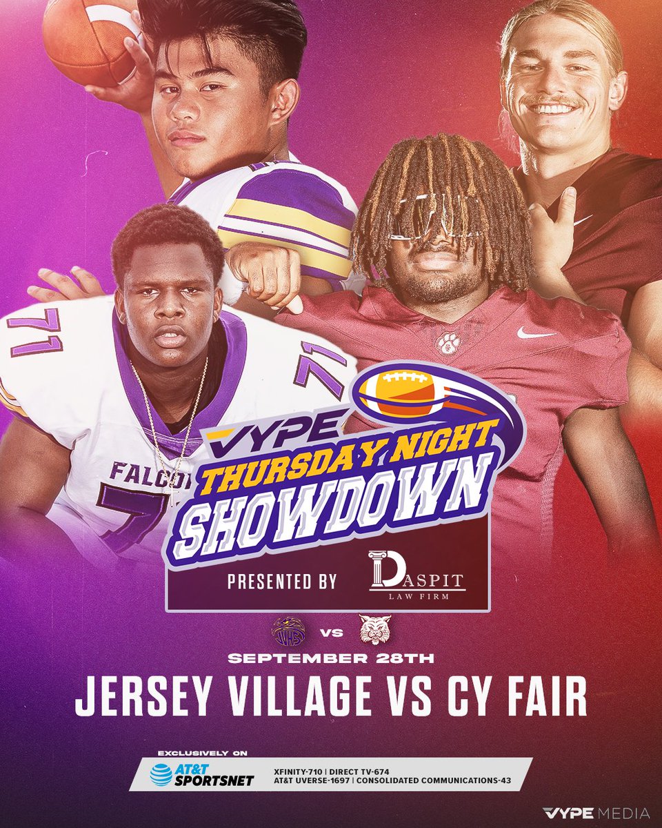 VYPE Thursday Night Showdown presented by Daspit Law Firm is back tonight on @attsportsnetsw!! We have a great Week 6 matchup between the Jersey Village Falcons and the Cy Fair Bobcats!! Tune in tonight on your providers respective channels! #txhsfb