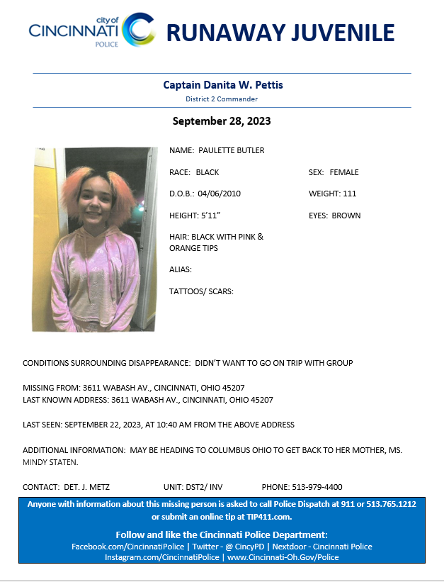 CincyPD's tweet photo. Please help us locate 13-year-old Paulette Butler. If you have any information, please call 513-979-4400. https://t.co/Si4AUQnCSf