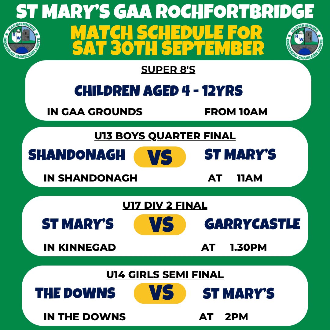 💚🤍This Saturday is a very busy day for the club.

We wish all the teams the very best of luck, ye have all made the club so very proud. 

As always your support is greatly appreciated. 💚🤍