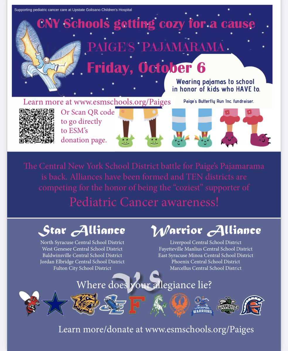 Ashleigh Wilson (@awilsonesm) on Twitter photo Mark your calendar for 10/6! To show support for Pediatric Cancer awareness we will be participating in Paige’s Pajamarama & PG will be wearing our pjs! The QR code in the flyer allows our ESM community to donate to the cause. <a href="/UpstateGolisano/">Upstate Golisano</a> <a href="/ESMSchoolDist/">ESM Central Schools</a> Mark your calendar for 10/6! To show support for Pediatric Cancer awareness we will be participating in Paige’s Pajamarama & PG will be wearing our pjs! The QR code in the flyer allows our ESM community to donate to the cause. <a href="/UpstateGolisano/">Upstate Golisano</a> <a href="/ESMSchoolDist/">ESM Central Schools</a>