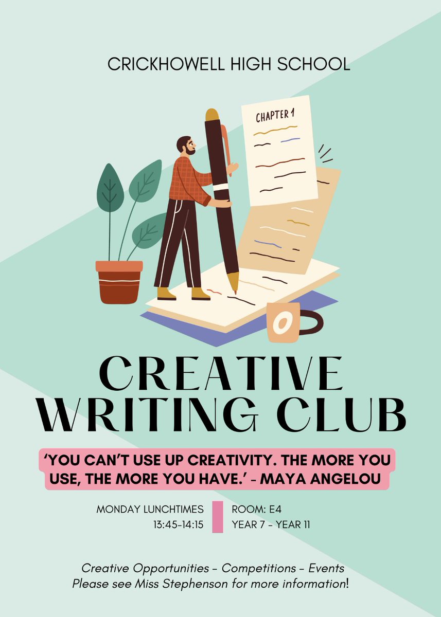 KS3 Book Club, KS4 Book Club and the brand new Creative Writing Club all begin next week! Please see the posters for more details ✨