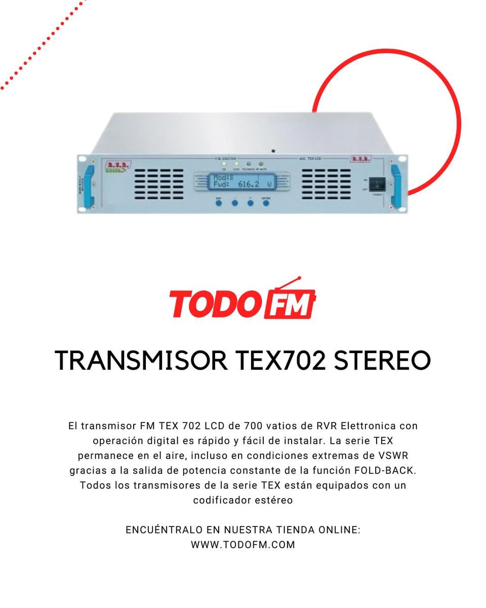 👉🏻 Muchos clientes nos preguntan por el transmisor TEX702 Stereo de RVR

🤝 Tenemos varias unidades disponibles de este modelo

Cotizaciones: 

WhatsApp: +34 674 76 09 81
Web: todofm.com
Email: info@todofm.com

💰Pagos:

✅ Paypal, Western, Bank transfer, Tarjeta