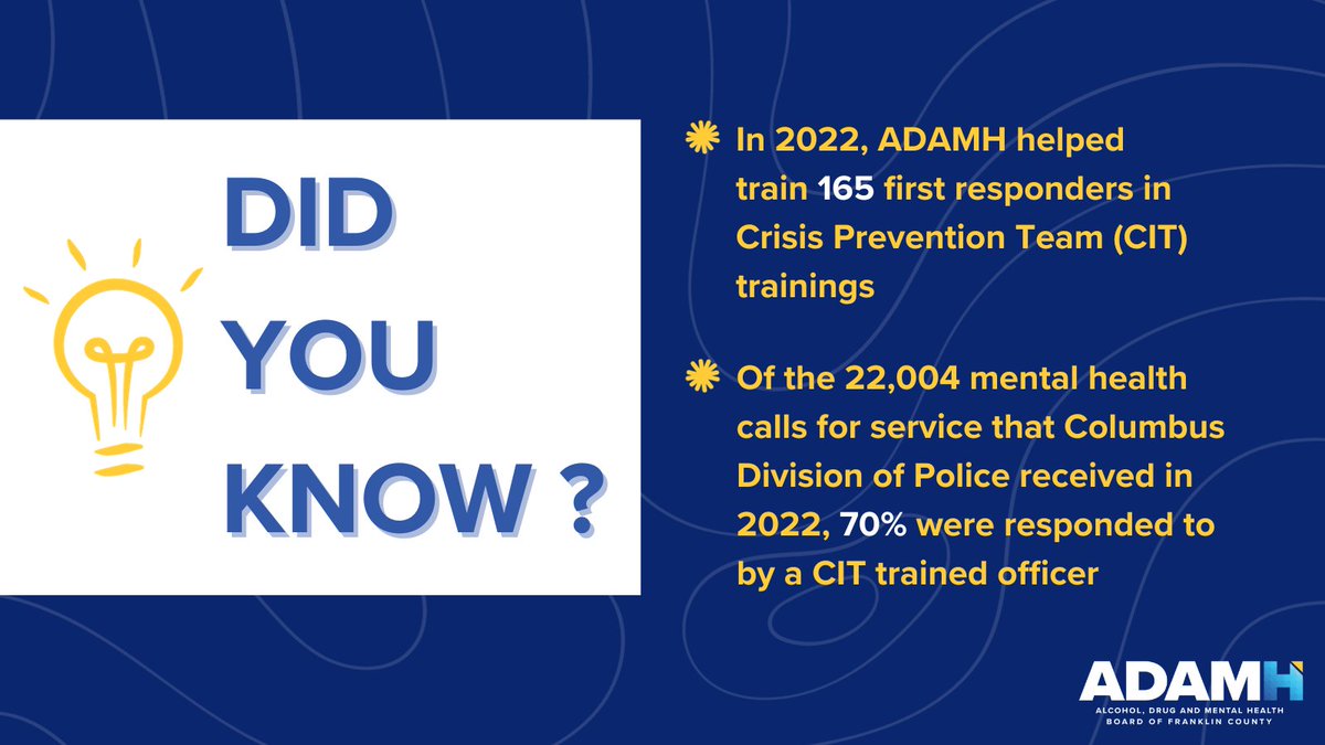 ADAMH Board of Franklin County (@adamhfranklin) on Twitter photo In collaboration with the <a href="/ColumbusPolice/">Columbus Division of Police</a> and other first responders, we provide Crisis Intervention Team (CIT) trainings. Check out some of our statistics below.
Read more about CIT trainings in our 2022 annual report: tinyurl.com/ADAMH-report In collaboration with the <a href="/ColumbusPolice/">Columbus Division of Police</a> and other first responders, we provide Crisis Intervention Team (CIT) trainings. Check out some of our statistics below.
Read more about CIT trainings in our 2022 annual report: tinyurl.com/ADAMH-report