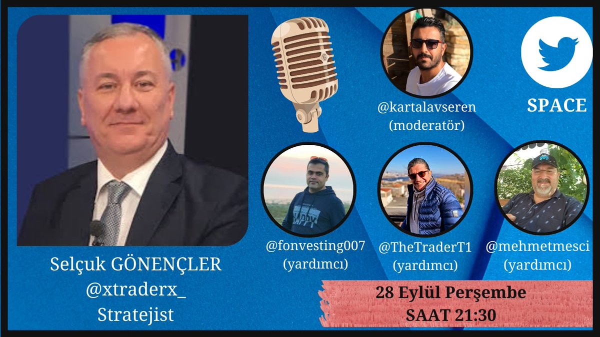 Akşam 21.30 da <a href="/xtraderx_/">Selçuk Gönençler</a> Hocamız ile sohbetimize bekliyoruz.   
Hediye olarak Matriks IQ için yayın esnasında link yayınlanacak olup ilk 50 başvuran lisans kazanacak.
<a href="/fonvesting007/">Fonvesting</a> <a href="/mehmetmesci/">Mehmet Mescioğlu</a> @TheTraderT1
