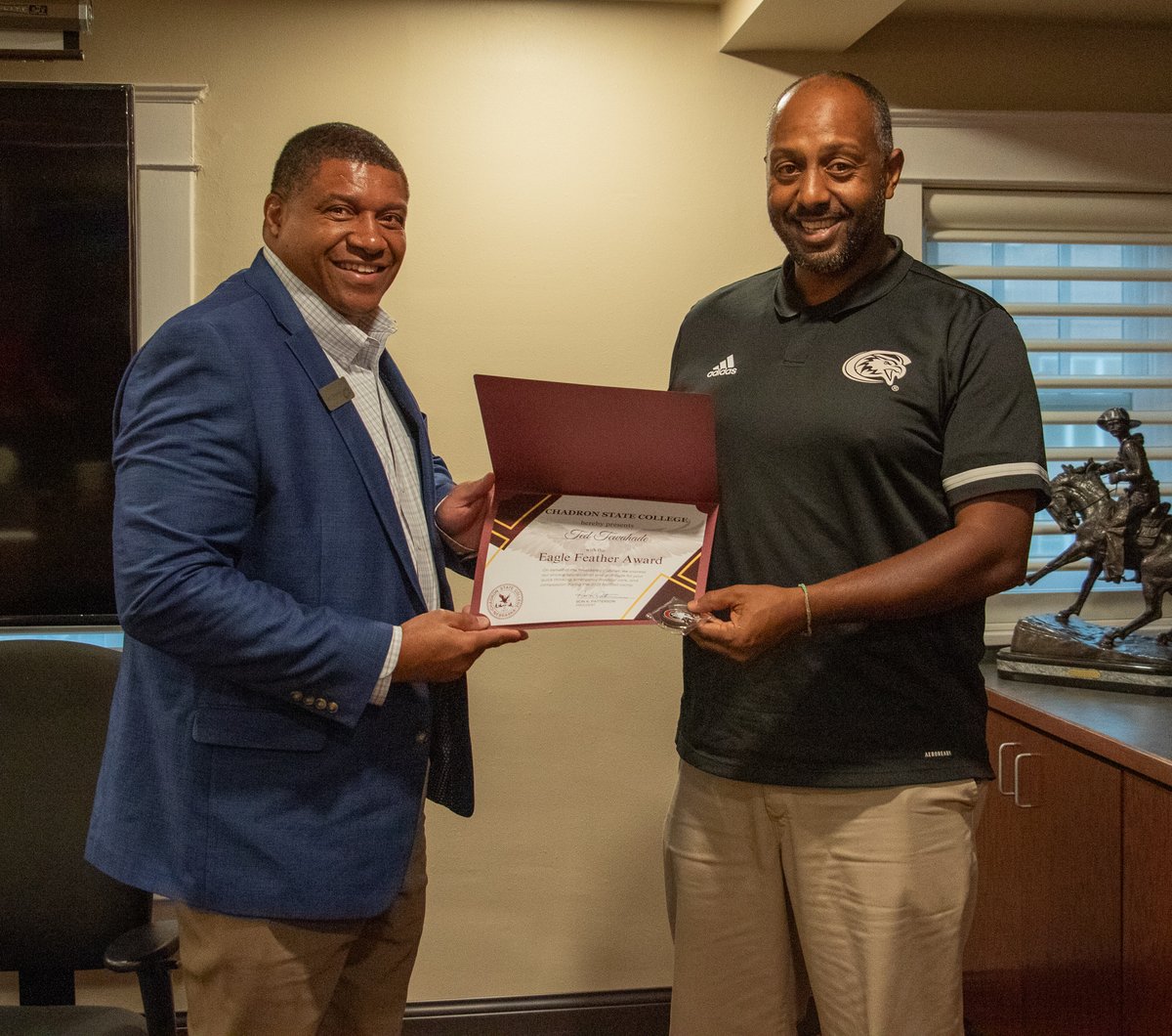 chadronstate's tweet image. CSC President Ron K. Patterson recognizes Ted Tewahade, E.J. Kreis, and Allison Curtis for valuable service to the CSC community at a brief award ceremony. #WeAreCSC #chadronstatecollege