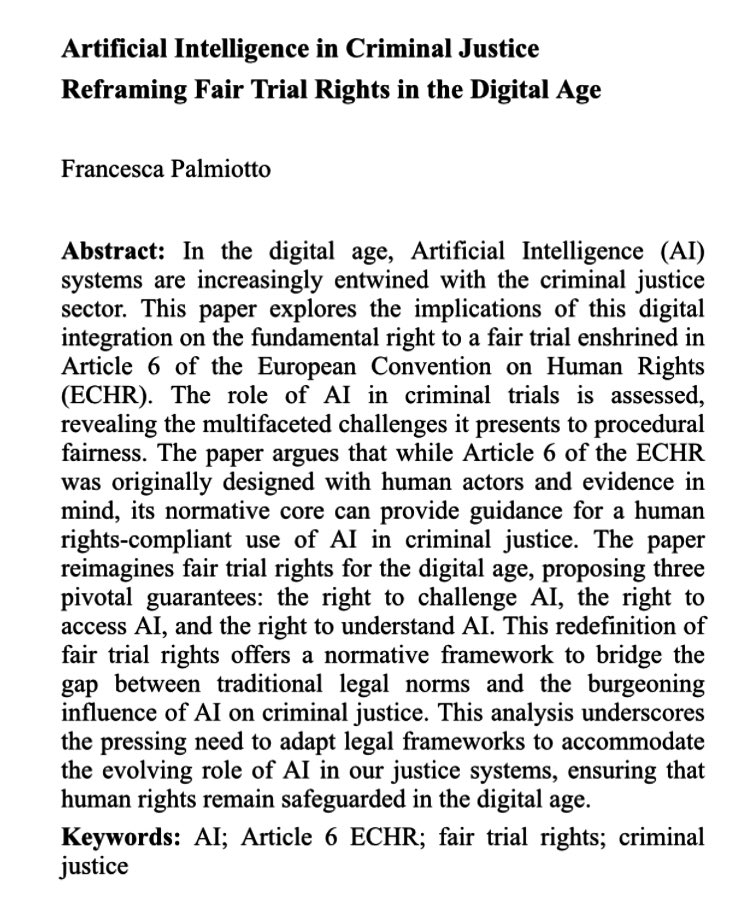 Wonderful session today on AI and Human Rights at @EHRLC23 

I presented a paper from my PhD research on AI in Criminal Justice where I ask: what lessons can be drawn from the case law on Article 6?

Thank you for the wonderful discussion!

#AI #ECHR #Humanrights #Criminaljustice