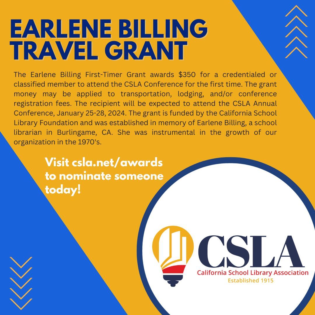 The Earlene Billing First-Timer Grant awards $350 for a credentialed or classified member to attend the CSLA Conference for the first time. If you would like to apply or you would like to nominate someone for this award, visit csla.net/awards today! #bettertogether