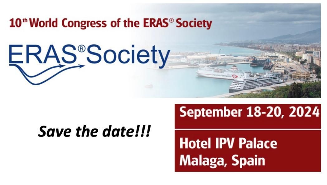 We are delighted to announce that next years World Congress will be held in Malaga, Spain. Dates will be 18-20th September. We can't wait to see you there! #Savethedate #ERAS2024