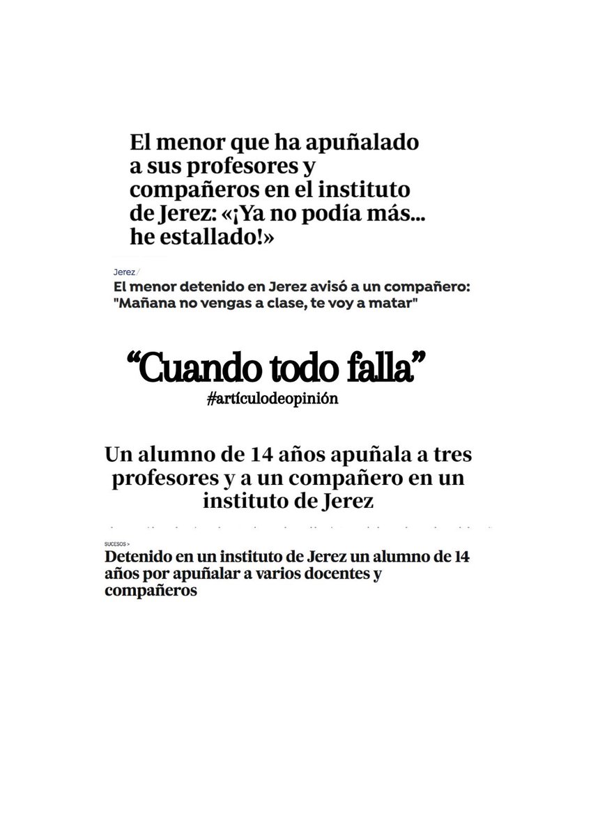 esdecirdiario's tweet photo. Esta mañana a las 8:25 ha saltado una trágica información de última hora. 

Ha sido una de esas noticias que no gustan dar y que a mí, personal y profesionalmente, me afectan muchísimo. 

"Detenido un menor tras apuñalar con un arma blanca a varios alumnos y profesores en un instituto de Jerez de la Frontera".

Expongo la mínima información a la que accedo porque era muy reciente.
 
La primera pregunta, o acusación encubierta, que recibe mi medio y mi persona es: ¿origen del agresor?¿era de jovenlandia?¿comía jamón? 

Automáticamente mi mente explota. Las redes sociales aupadas por un racismo cada vez más radical y habitual, sin ton ni son ni comprobación, ya habían empezado a elucubrar teorías apocalípticas para engañar a la gente y esparcir, aún más si cabe, odio entre UN ÚNICO ORIGEN CONCRETO DE PERSONAS. Porque no importa si son alemanes, británicos, polacos, griegos o ucranianos.

El menor era español. 

¿Ahora qué? ¿Era necesaria saber su nacionalidad para opinar de una forma más dura o restarle importancia a los hechos? ¿Deja de importar el suceso porque no se le da, casualmente, el origen que muchos habrían querido? ¿Qué hacemos con tanto odio?
 
Luego llega la segunda parte de este "espectáculo": el de algunos medios, el del clic con un titular más sensacionalista, el de anticiparse a subir la primera noticia sin tan siquiera comprobarla.

El apuñalamiento se ha producido en el IES Elena García Armada de Jerez de la Frontera y a ni un solo medio, hasta que las redes sociales han alzado la voz, se le ha ocurrido indagar o exponer que el chico de 14 años tiene autismo, sufría bullying por parte de sus compañeros y algunos profesores no hacían nada para ayudarle. Estaba casi siempre solo y aislado.

El miércoles el menor fue víctima de una “”””broma””””” en su instituto y varios de sus compañeros le arrojaron agua. 

«Siempre estaba solo en el patio, por los pasillos... y se reían de él», cuenta un compañero del menor.

El menor le dijo ayer a un único compañero que mañana (por hoy) no fuese a clase.

La dirección del IES confirma que no se había activado protocolo alguno por acoso escolar, pero no dejan de salir alumnos del centro apuntando que el presunto agresor lo sufría.

Bajo ningún concepto, y siendo previsible a pensamientos, es.decirdiario justifica ningún acto violento que ponga en peligro la vida de un ser humano. 

Falla el sistema. Queda claro.
Falla el protocolo de detección. Queda claro.
Falla la actuación temprana. Queda claro.
Falla la protección de los menores en caso de bullying. Queda claro.
Fallan los recursos invertidos para salvaguardar la vida en las aulas de los profesores. Queda claro.
Falla la sociedad. Queda claro.

O quizás no. Quizás otra vez no quede claro para quién realmente tiene que quedarlo.