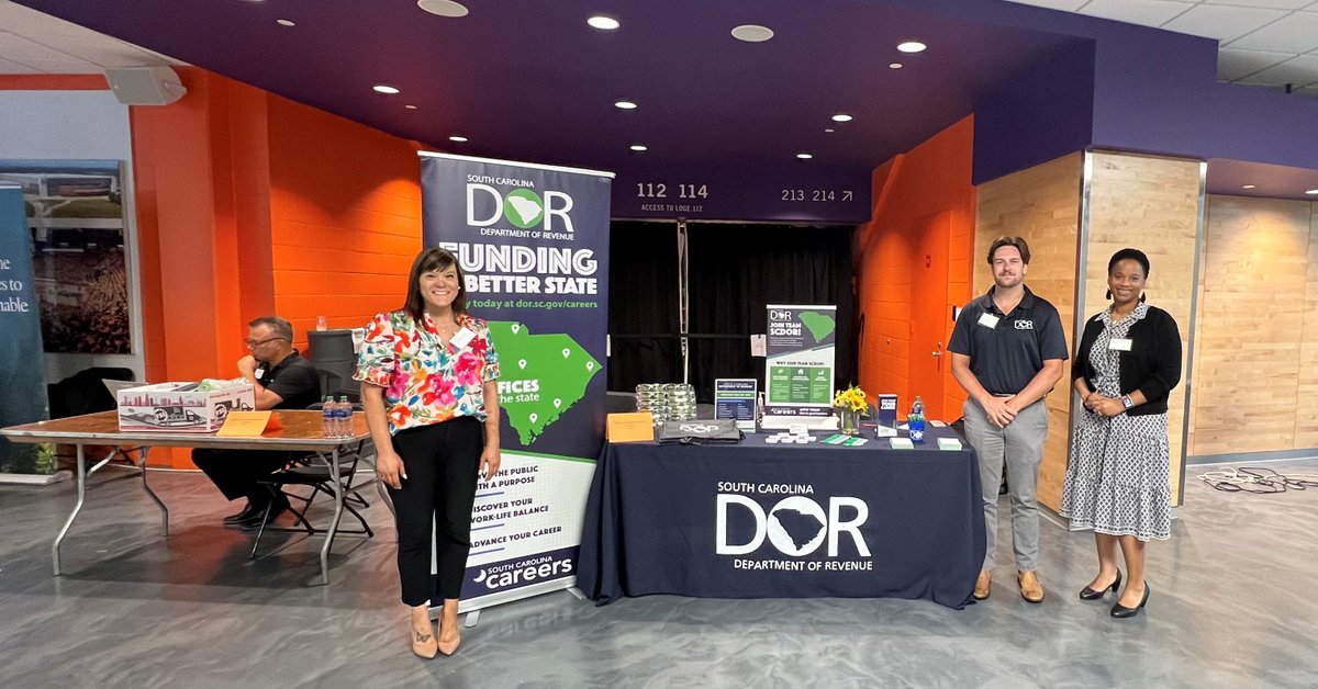theSCDOR's tweet photo. 🐯 Hey Tigers, we'll be at the #CUCareerFair until 4 PM today!
Stop by our table to pick up some SCDOR swag and learn how you can make a positive impact on our state!
Can't make it? Head over to https://t.co/H00TRKRrI8 to learn about #teamSCDOR. https://t.co/m28Fd76A98