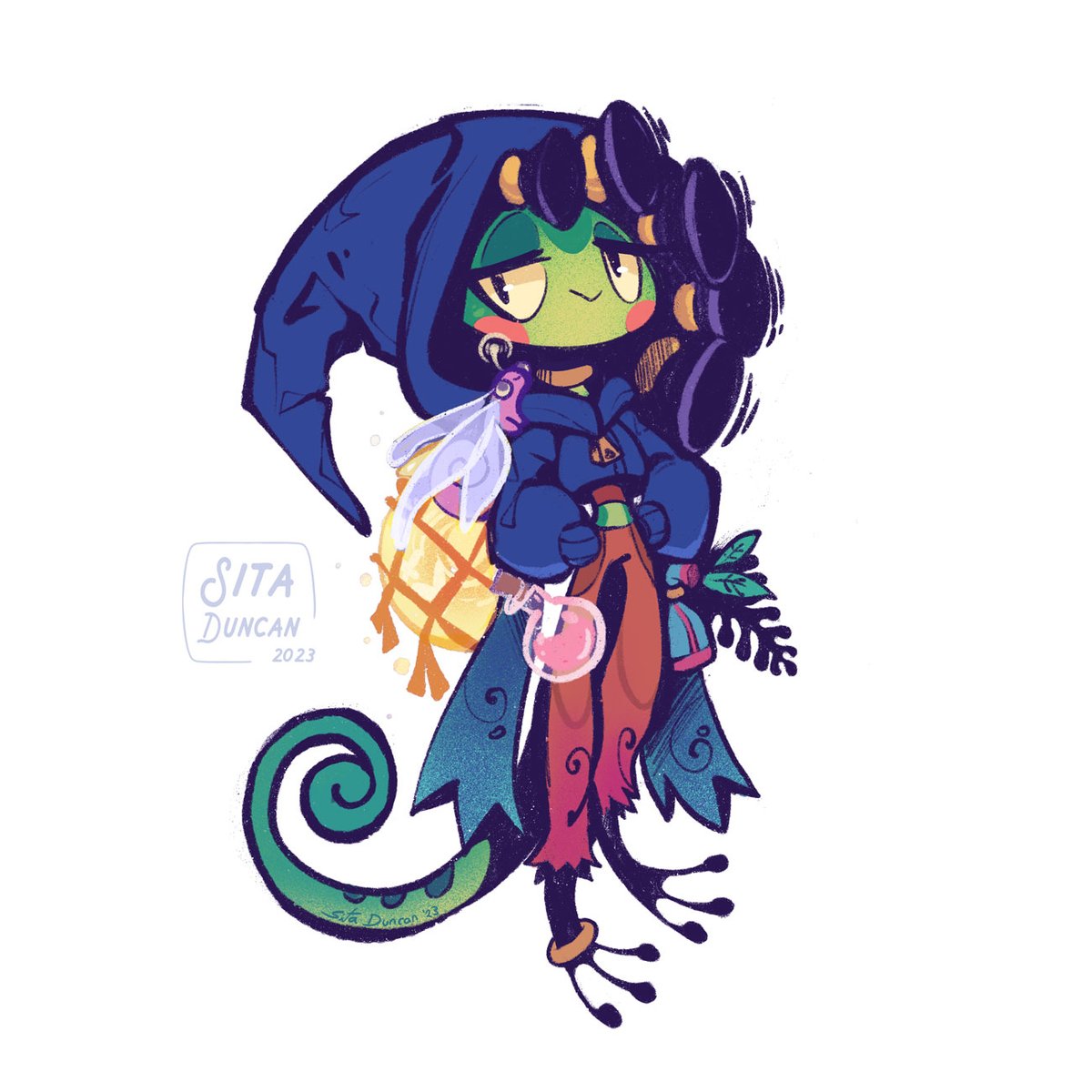 ✨Piff my grippli thaumaturge for Strength of Thousands

🧁(And Sprinkles her familiar)

She has a tail now, courtesy of in-game mischief, a few deities, and a pirate extravaganza