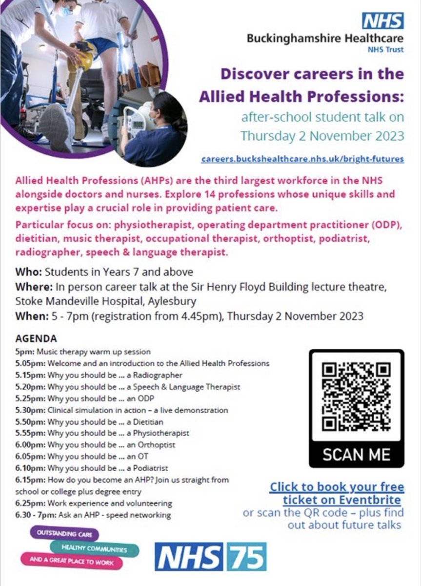 mav_ghalley's tweet photo. Our next @BucksHealthcare career- inspiring-after-school Allied Health Professionals event is styling a packed agenda not to be missed!
@bhtahp @karenabonner2 @FionaBarry20 @CHMoss2 
#AHPDeliver #AHPCareers @luisaclarke https://t.co/pdCGoafW3N