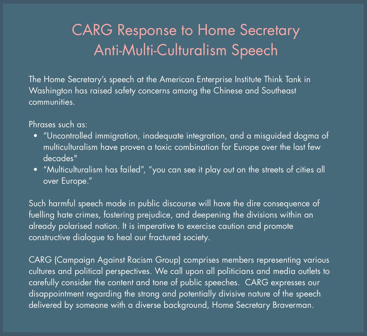 marknam's tweet photo. A response from @CARGuk to the Home Secretary's recent speech in Washington. CARG exists to address the increase in racism and hate crime towards Chinese, East and Southeast Asian people in the UK and international students.

@yeowhpoon @LCinNW @cllralexyip @Pekkles @GeoffreyLeongPR @AngelaQiHUANG @jonopoon @evawongnava @LalithWijedoru @FishTalesRhymes @OnYourSideUK @dtks888 @chinesebham @ChineseWT @HaqueAbs @ciacuk @TheTeaHouse_UK @AMENCofE @UKMEOrdCur