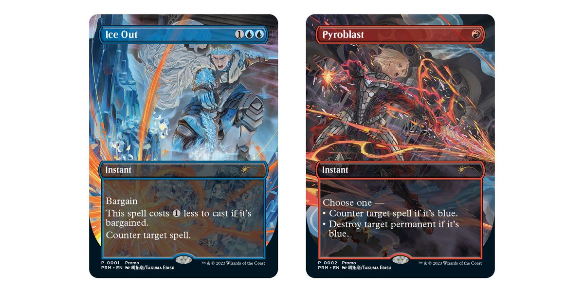#MTGEldraine players worldwide will be able to get their anime borderless Pyroblast &amp; Ice Out promos (while supplies last, see your LGS for details) starting Oct. 9th for non-Japan regions!

This is a date change from the previously announced Oct. 27th: magic.wizards.com/en/news/announ…