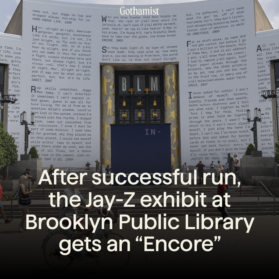 Gothamist's tweet photo. The Brooklyn Public Library says its exhibit about Jay-Z’s journey from public housing in Bed-Stuy to the global stage has been a success, and that it's more than doubled monthly visitors and driven a surge in new library cardholders.

Full story: https://t.co/OTORaG6BpH https://t.co/PTQLWFlSt9