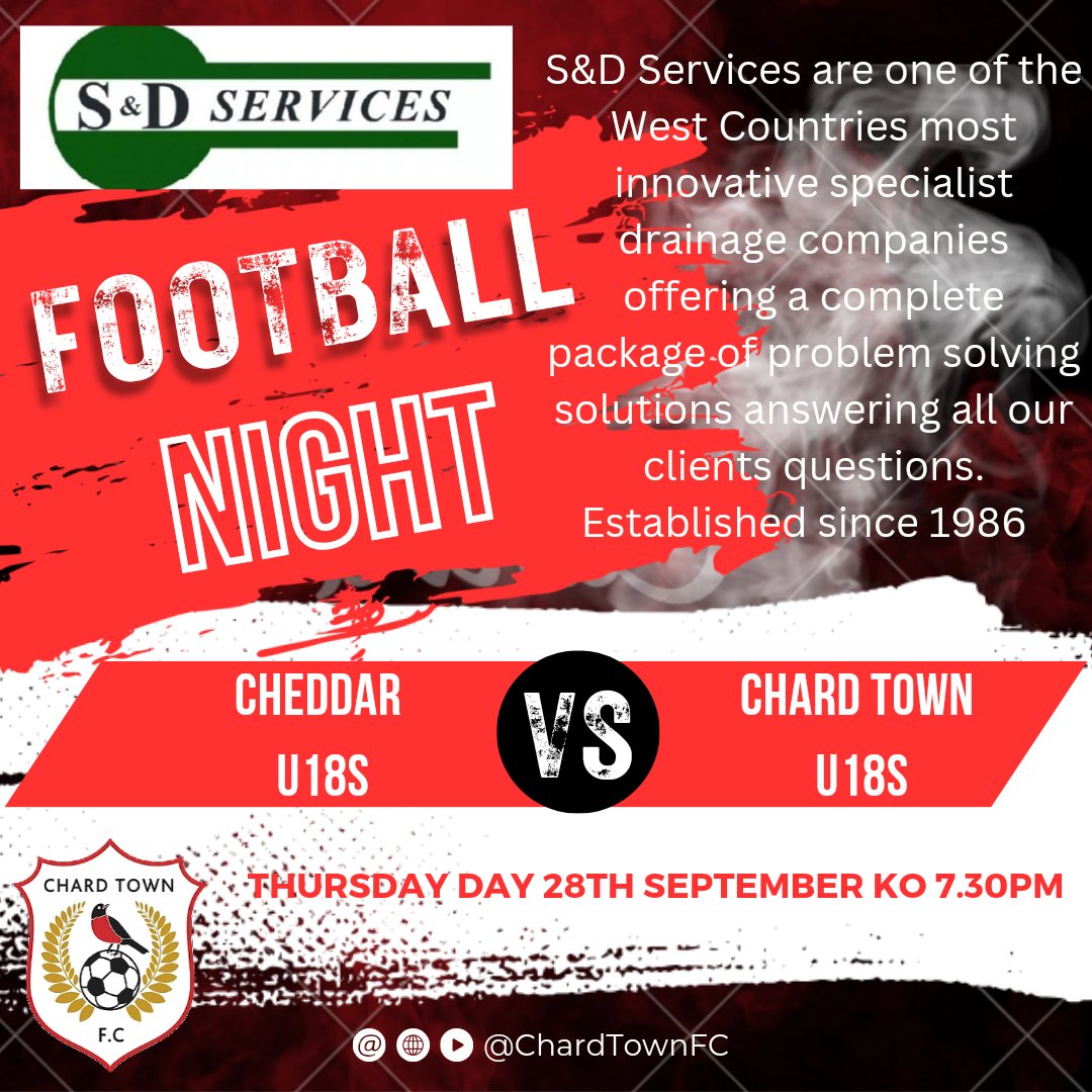 Tonight our U18s travel to @CheddarFC1892 U18s KO 7.30PM 
Shirt Sponsor ; S&D Services facebook.com/profile.php?id…
@swsportsnews
@pulmansnews
@paulsconvey
@levellerlive
@LewisWiseman1