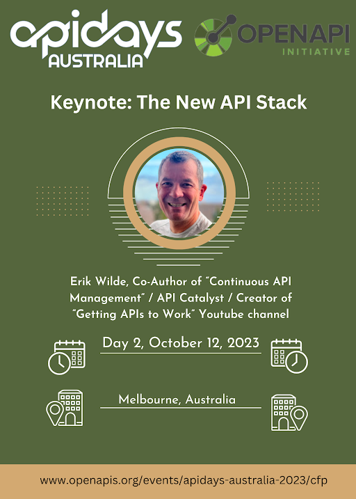 OpenAPI Initiative is hosting an OAI Track at #APIDays Australia on Oct 11-12! Erik Wilde, API Catalyst, is running the OAI Track and kicking it all off his keynote on Oct 12 'The New API Stack' - Don't miss it! openapis.org/blog/2023/09/0… #APIs #opensource #opensourcecommunity