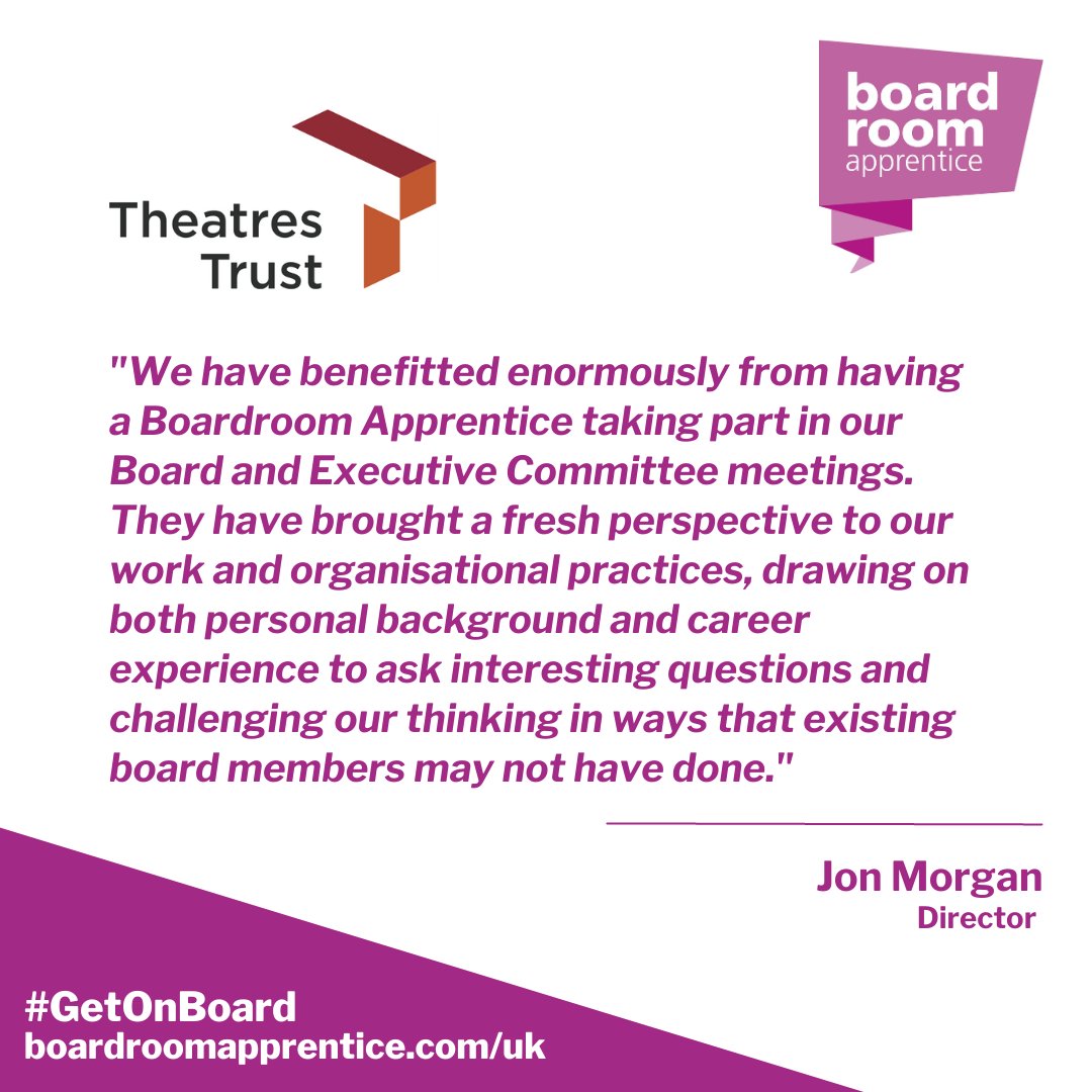 We are delighted to have the Theatres Trust return as a host board for UK Boardroom Apprentice 2024.

Applications for UK Boardroom Apprentice 2024 are open!

Find out more 👉 boardroomapprentice.com/uk/ 

#GetOnBoard #GetOnBoardUK <a href="/TheatresTrust/">Theatres Trust</a>