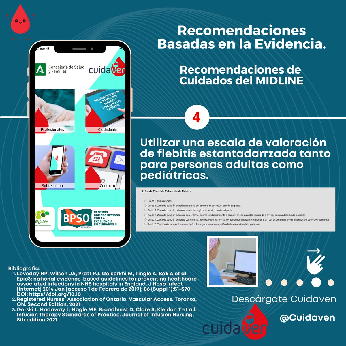cuidaven's tweet photo. #25DíasdeRecomendaciones #Día4 #Cuidaven📲🩸
👉Precauciones en el Cuidado del MIDLINE: 

🗣️Evaluar diariamente y registrar el resultado en la historia clínica electrónica del paciente.

#practicasbasdasenlaevidencia #Bpso #BpsoAndalucía https://t.co/ZmzYoatoD2