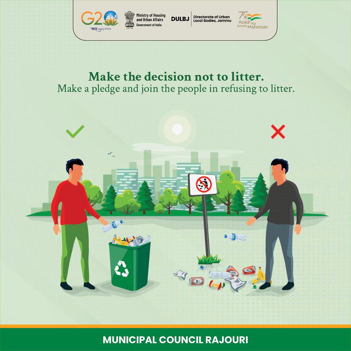 swachhrajouri's tweet photo. ๐ Let's pledge together to never litter and ensure our beloved town stays pristine during the Swachhta Sewa campaign.
๐๏ธ Save the date! October 1st, near Bela Bus Stand, Rajouri - we're hosting a Mega Sanitation Drive. ๐งน๐ค๐ #CleanRajouri #SwachhBharat #MegaSanitationDrive https://t.co/J46f0gOi0p
