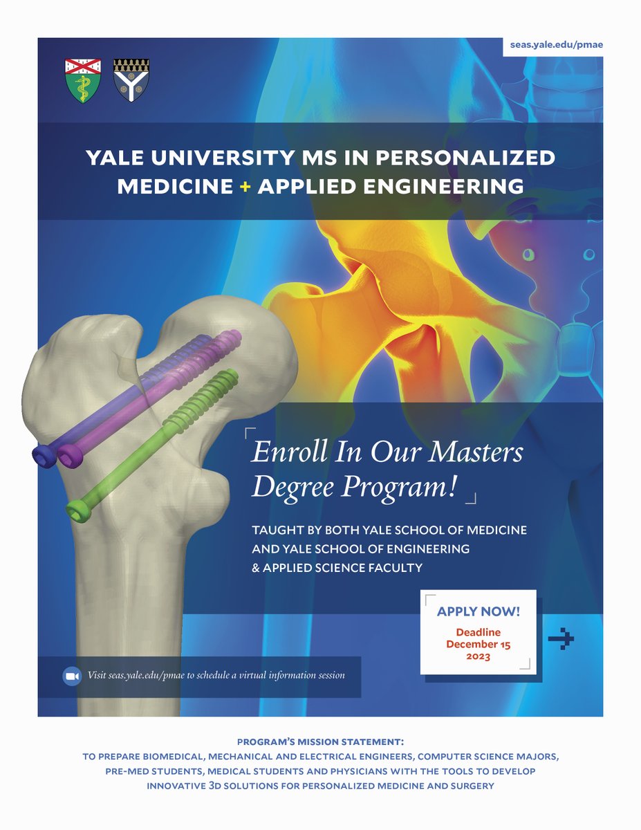 YaleMed's tweet photo. Learn from YSM and @YaleSEAS instructors with Yale’s new MS Program in #PersonalizedMedicine &amp; #AppliedEngineering. Info and applications here: https://t.co/yaYrvVADyd #OrthoTwitter #MedTwitter #MedSchool https://t.co/H5jN7XndTX