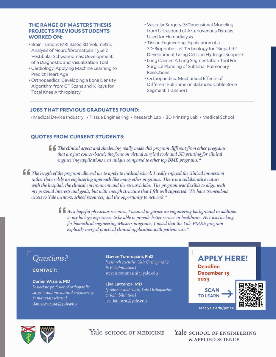 Learn from YSM and @YaleSEAS instructors with Yale’s new MS Program in #PersonalizedMedicine &amp; #AppliedEngineering. Info and applications here: seas.yale.edu/pmae #OrthoTwitter #MedTwitter #MedSchool