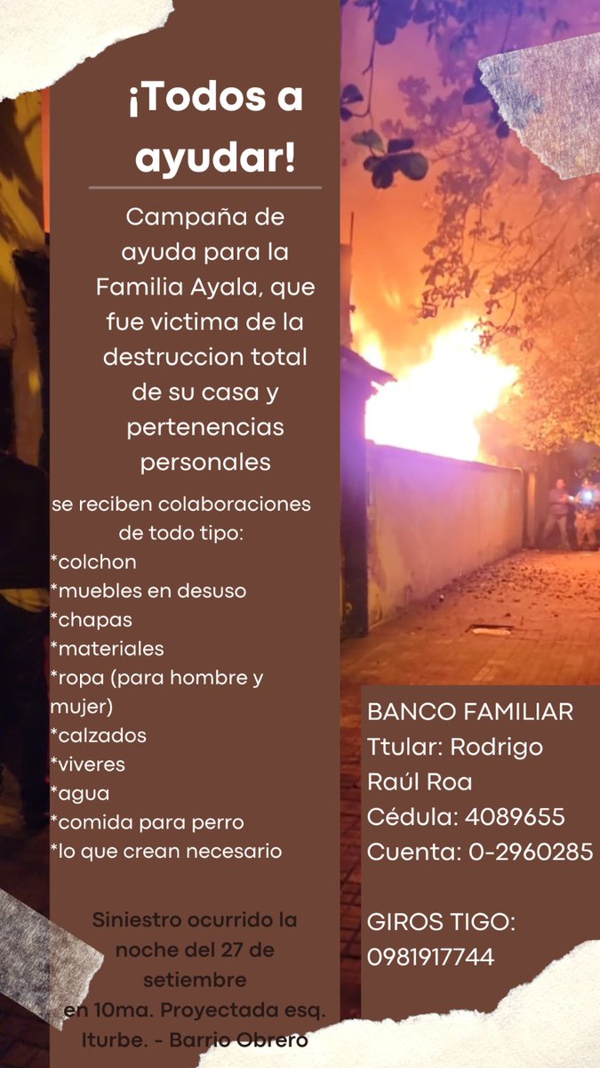 Hola chicos! La casa de mi vecino se quemó por completo anoche y quedaron sin nada, hay 2 miembros de la familia que están internados por inhalación de humo y quemaduras. Ahí también funcionaba la carpintería de la familia. Si está en sus posibilidades ayudar les dejo los datos👇