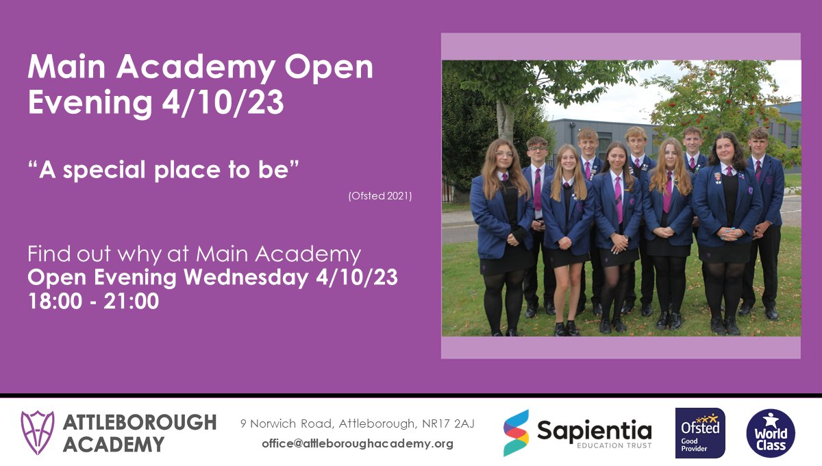 AttleboroughAN's tweet photo. 🏫 We warmly welcome you to our Main Academy Open Evening on Wednesday, 4th October at 18:00 - 21:00.

Find out more about us on our website: https://t.co/d61lM8GZ3F

We look forward to welcoming you to our happy and aspirational community. https://t.co/q1G5emo7RW