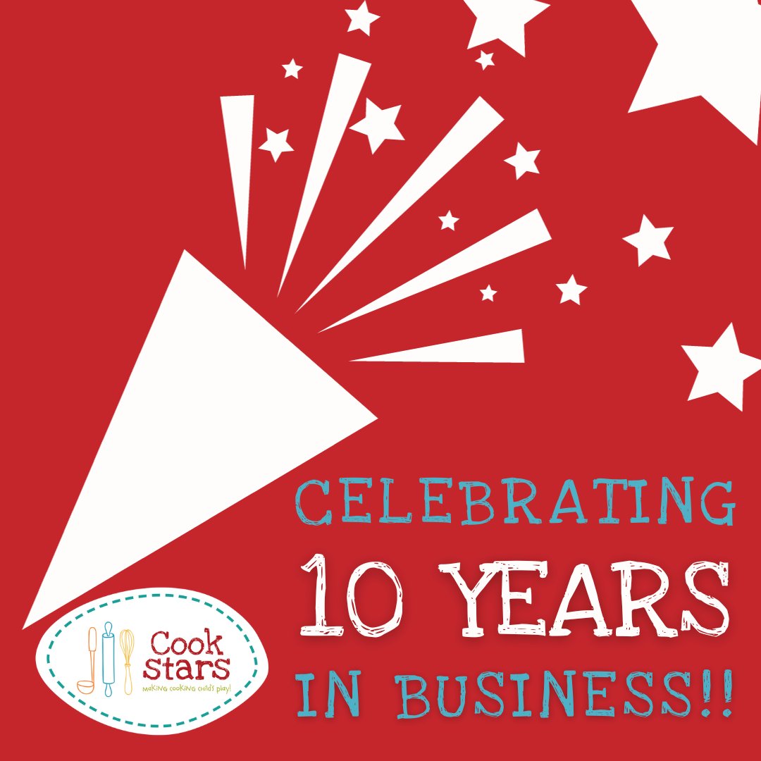 Cook Stars is 10 years old this month! 

I am so grateful and thankful to EVERYONE who has been on this fun journey!     

We have gone from me running the first class ever at my local village hall, to us now teaching around 2,500 children a week through of our UK wide team.