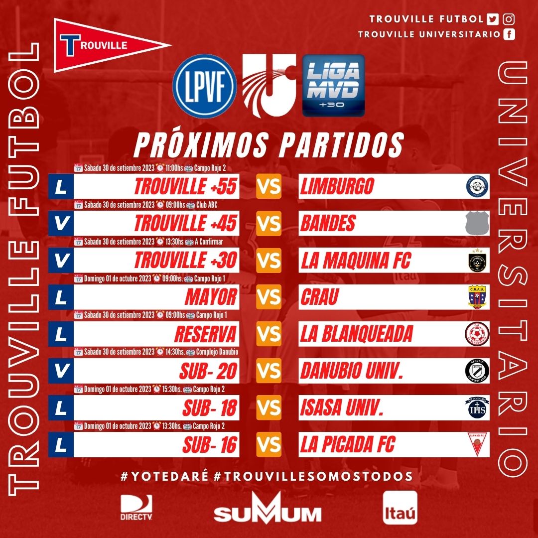 🔺️Fútbol ⚽️‼
Compartimos Actividad fijada para sábado 30 de setiembre y domingo 1 de octubre en las categorías de <a href="/LUD_Oficial/">Liga Universitaria de Deportes</a>  <a href="/LPVFinfo/">LPVF</a> y <a href="/Ligamvdmas/">Liga MVD+</a>
.
#VamosLaRoja🔴⚽️
<a href="/ClubTrouvilleUY/">Club Trouville</a>
<a href="/CampoRojoUY/">Campo Rojo - Club Trouville</a>
<a href="/SummumUY/">SUMMUM</a>