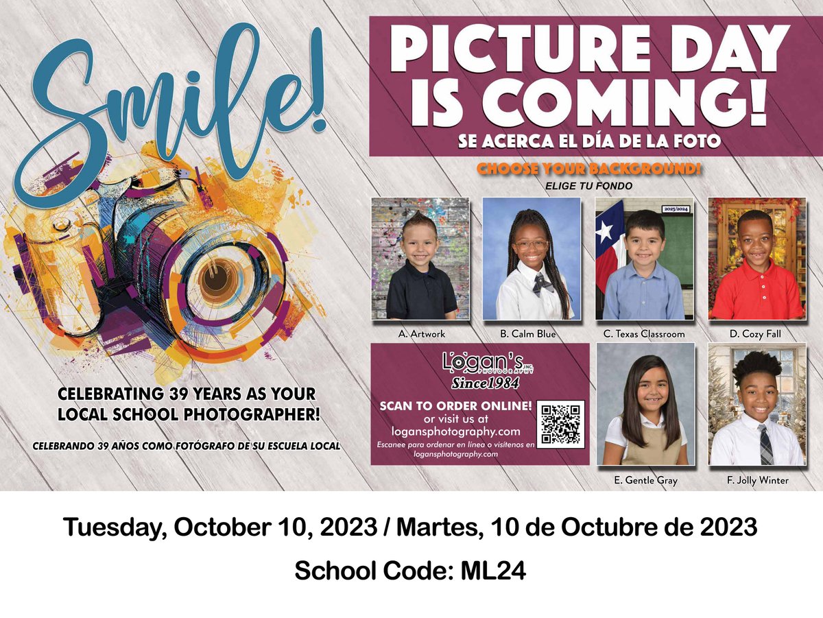 Bring your best smile!! We’re excited for picture day. Tuesday October 10th, 2023. Make sure to wear your Sunday’s best.

¡¡Trae tu mejor sonrisa!! Estamos emocionados por el día de fotografía. Martes 10 de Octubre de 2023. Asegúrate de vestir ropa de los domingos.