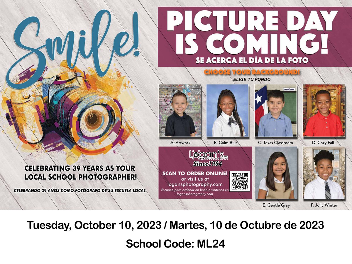 Bring your best smile!! We’re excited for picture day. Tuesday October 10th, 2023. Make sure to wear your Sunday’s best. ¡¡Trae tu mejor sonrisa!! Estamos emocionados por el día de fotografía. Martes 10 de Octubre de 2023. Asegúrate de vestir ropa de los domingos.