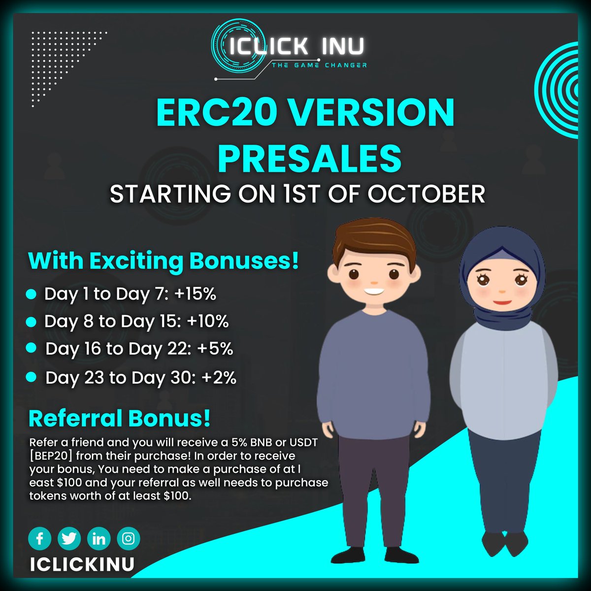 iclickinu's tweet photo. Join the ICLICK Inu ERC20 Public Sale! 🚀

🚀 ICLICK Inu ERC20 Public Sale with Exciting Bonuses! 🚀
🌟 Days 1-7: +15%
🌟 Days 8-15: +10%
🌟 Days 16-22: +5%
🌟 Days 23-30: +2%

Refer a friend and both of you get a 5% bonus in BNB or USDT [BEP20] from their purchase!
#iclickinu https://t.co/Xcqr9SuS6A