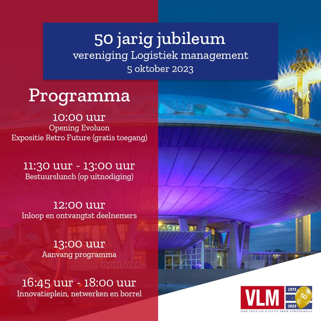 Een innovatieplein bezoeken, netwerken met andere logistici en tegelijk een drankje drinken? Dat kan volgende week tijdens het 50 jarig jubileum van vLm! 🎉

Enthousiast geworden van het programma? Aanmelden kan nog via vlm.nl/50-jaar-vlm/. Tot 5 oktober! 🥂