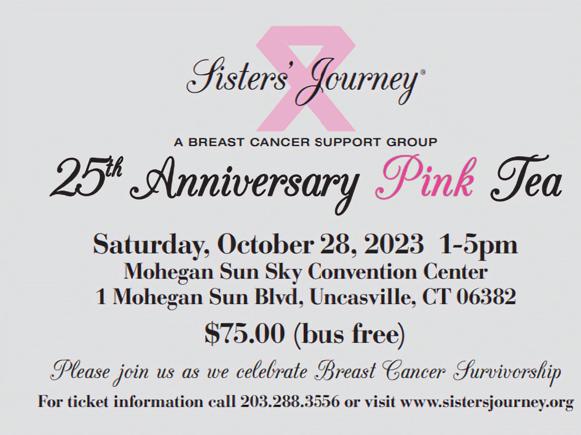 Yale_WWN's tweet photo. 25th Anniversary Sister’s Journey Annual Pink Tea.

Saturday October 28, 2023 from  1 -5:00 PM at the  Mohegan Sun Sky Convention Center, 1 Mohegan Sun Blvd., Uncasville, 06382

Bus: is first come first serve

Buy tickets here: https://t.co/nckDlTdqoj https://t.co/DmUWY8KXfQ