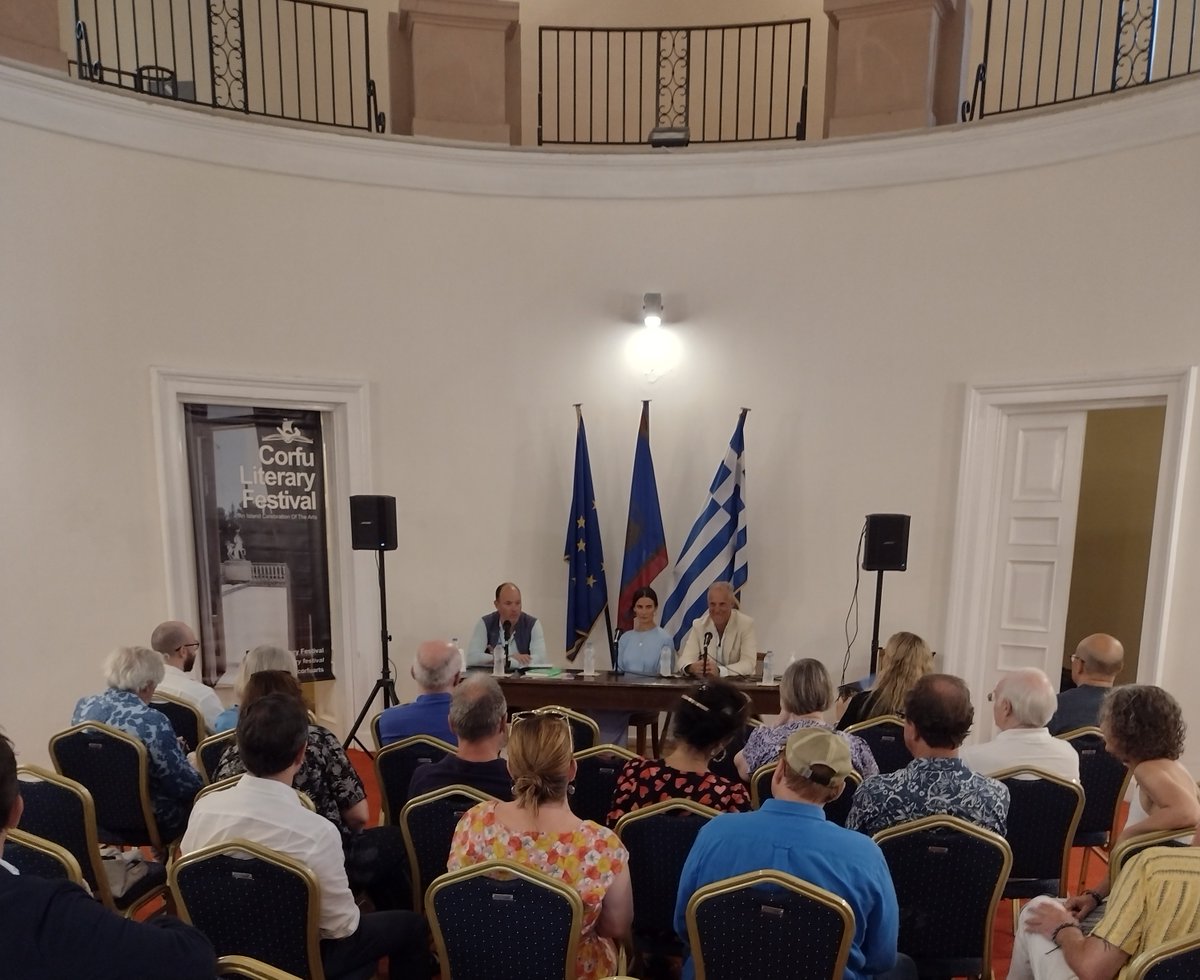 CorfuArts's tweet photo. Thank you so much to @theanalyst @edsmithwriter & #SpirosPsailas for talking about Corfu's unique cricket history, to #RebeccaSmith for #SuperDaisy story & to @danswiles for his moving reading from #Mercia'sTake. All at the Ionian Parliament building.... https://t.co/ksEjYCOGR2