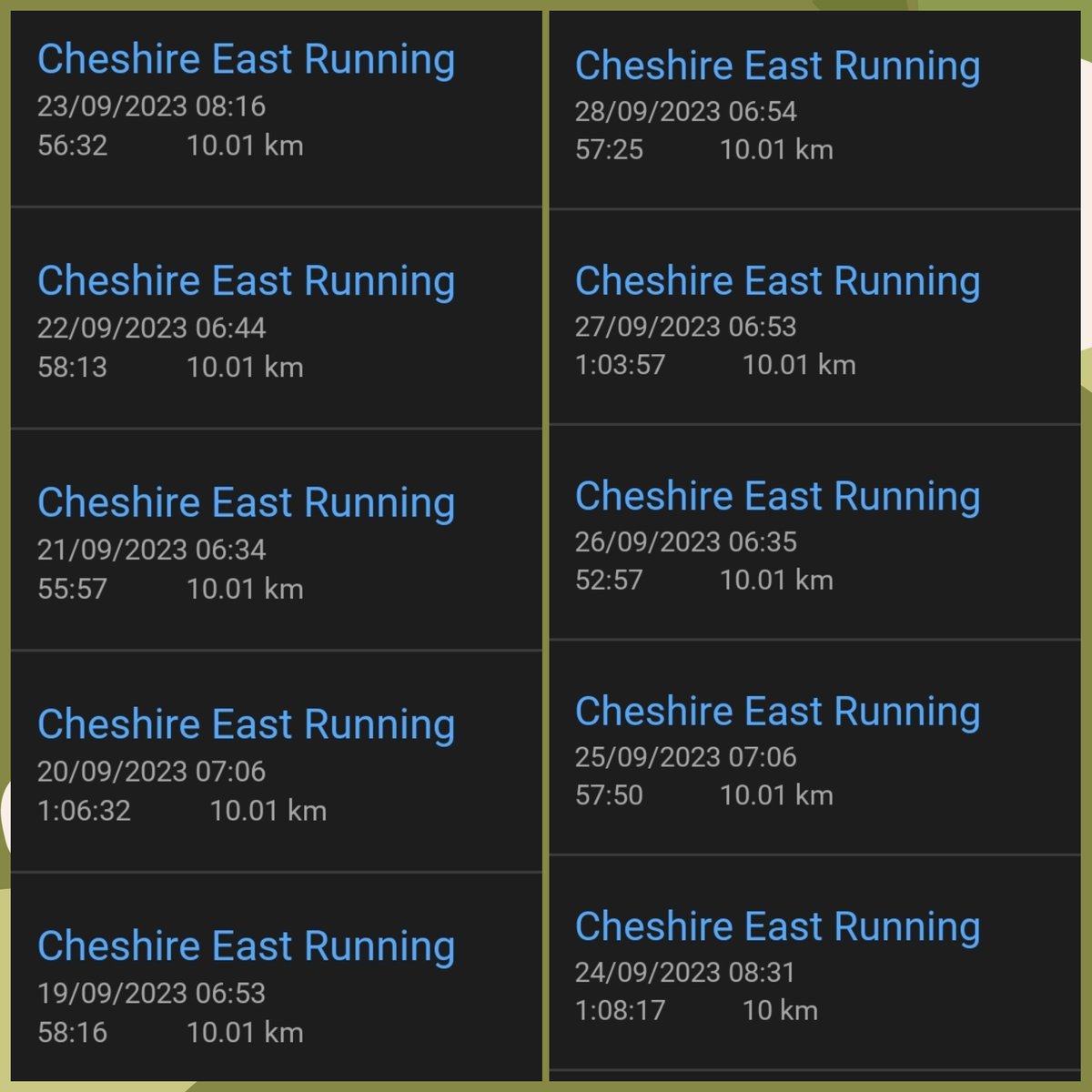 At last, I have completed 10 x 10k runs in a row (only did 9 last time because of our events). 
Some tough hill runs there (the ones over 60 minutes) &amp; some good road running, especially the 52 minute one, very happy with my baseline fitness.
<a href="/UKRunChat/">UKRunChat</a> <a href="/racecheck/">racecheck.com</a> 
#running #10k
