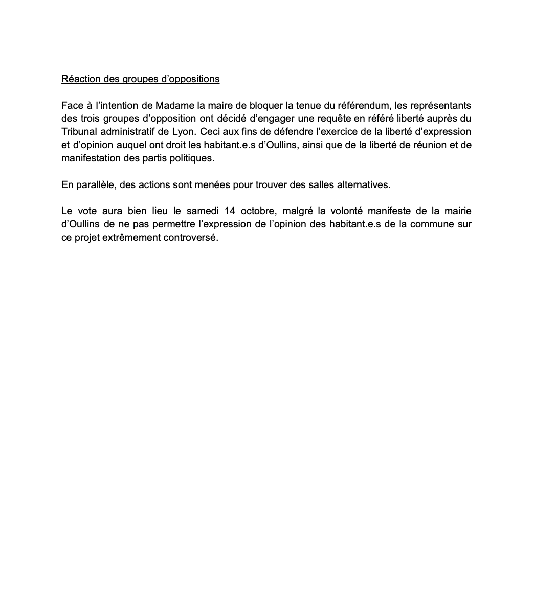 AgirOullins's tweet photo. 📢🗣️ Référendum fusion Oullins/Pierre-Bénite

En  dépit des obstructions de la mairie à notre initiative démocratique, le  référendum organisé par les groupes d'opposition aura bien lieu le 14  octobre.
 Communiqué de presse des trois groupes d'élus d'opposition 👇
 @PSOullins https://t.co/mhKIPTnUTZ