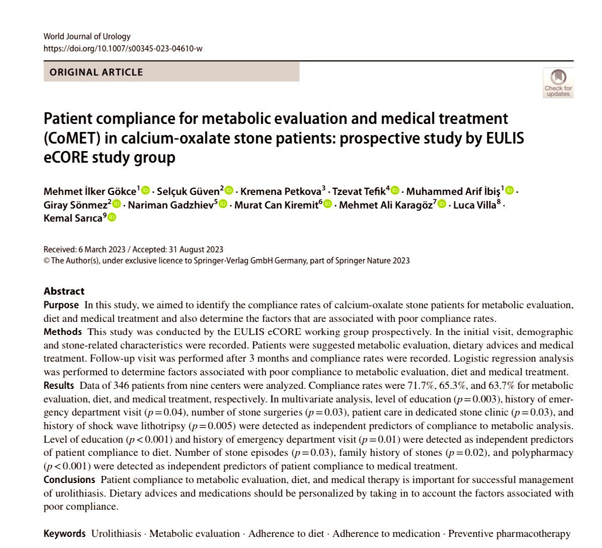 Mehmet Ilker Gökce (@migokce) on Twitter photo Study by <a href="/eulis_uroweb/">European Section of Urolithiasis - EULIS</a> eCORE study group just published in <a href="/wjurol/">World Journal of Urology</a>
Factors associated with patients’ compliance to metabolic evaluation & medical Tx were;
✅ Level of education
✅ ER visit
✅ Prev stone episodes
✅ Polypharmacy
✅ Family history
👉🏻 pubmed.ncbi.nlm.nih.gov/37758934/ Study by <a href="/eulis_uroweb/">European Section of Urolithiasis - EULIS</a> eCORE study group just published in <a href="/wjurol/">World Journal of Urology</a>
Factors associated with patients’ compliance to metabolic evaluation & medical Tx were;
✅ Level of education
✅ ER visit
✅ Prev stone episodes
✅ Polypharmacy
✅ Family history
👉🏻 pubmed.ncbi.nlm.nih.gov/37758934/