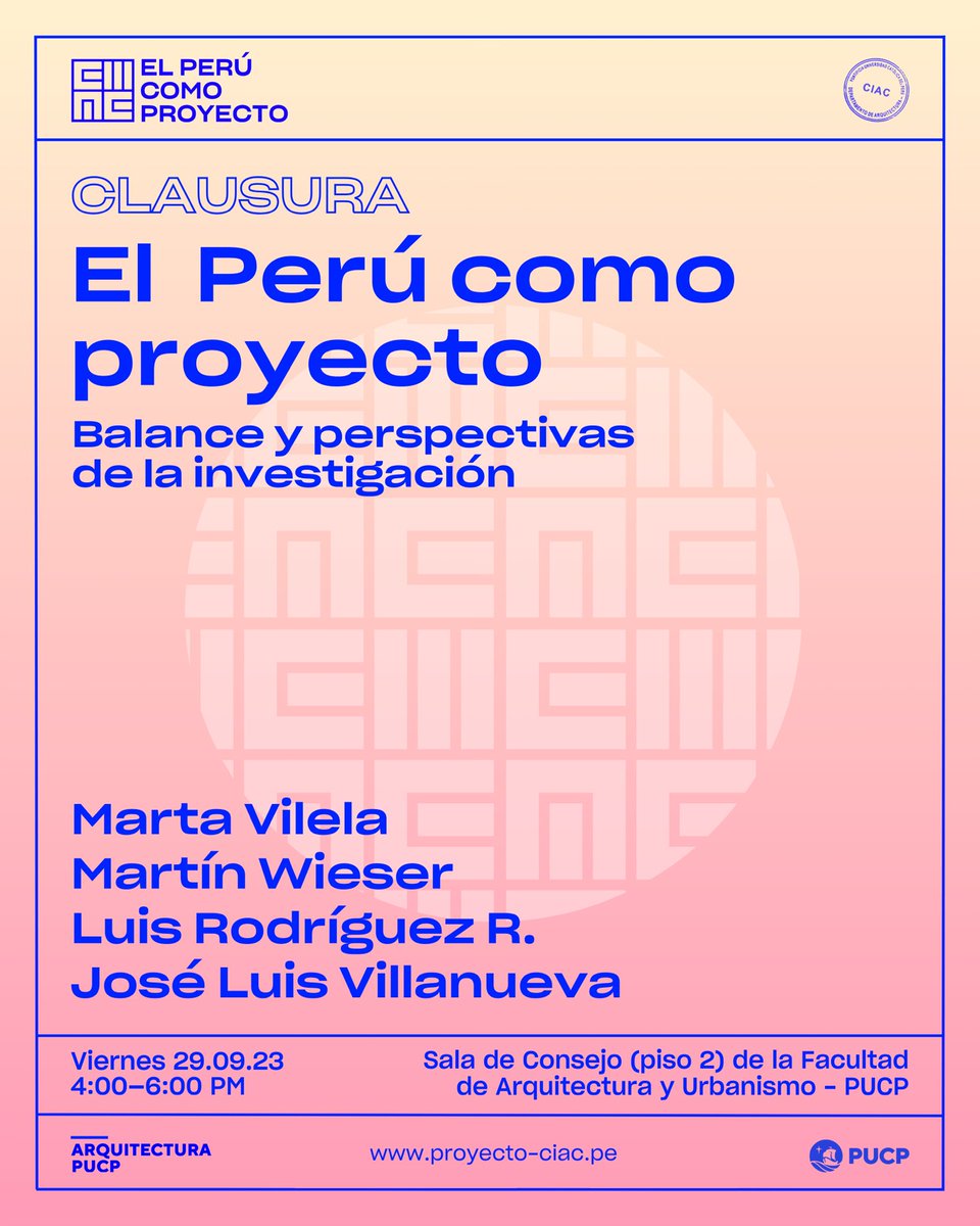 Te invitamos a la clausura de “El Perú como proyecto” este viernes 29 de septiembre 🙌

¡Esperamos contar con tu presencia!

📌Inscripciones: forms.gle/f1ua2fMRWvcdrf…

#ElPerúComoProyecto #CIAC #EPCP #ArquitecturaPUCP  #arqpucp #CharlasArquitectura