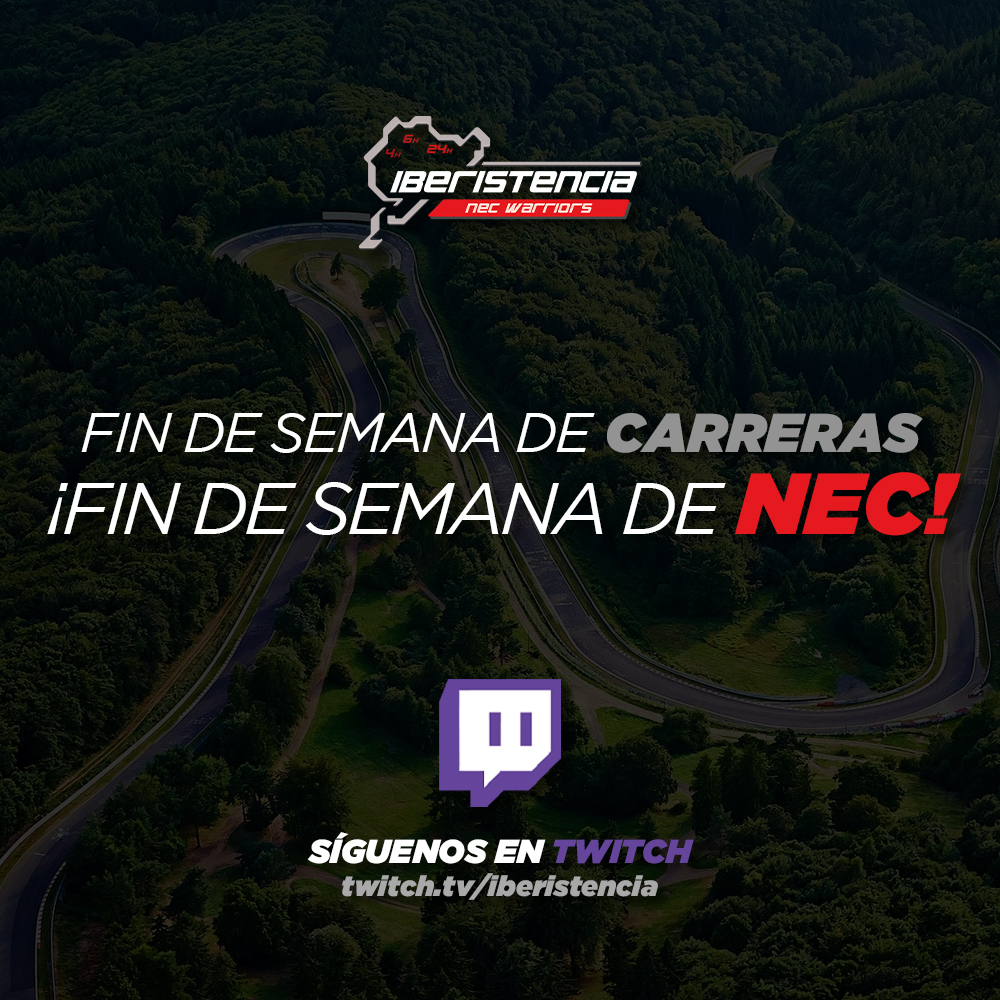 Síguenos en <a href="/Twitch/">Twitch</a> para no perderte ninguna de nuestras carreras en la NEC (Nurburgring Endurance Championship).

Una serie de carreras resistencia de 4 horas de duración en el Infierno Verde, y por si fuese poco ¡MULTICLASE!

twitch.tv/iberistencia