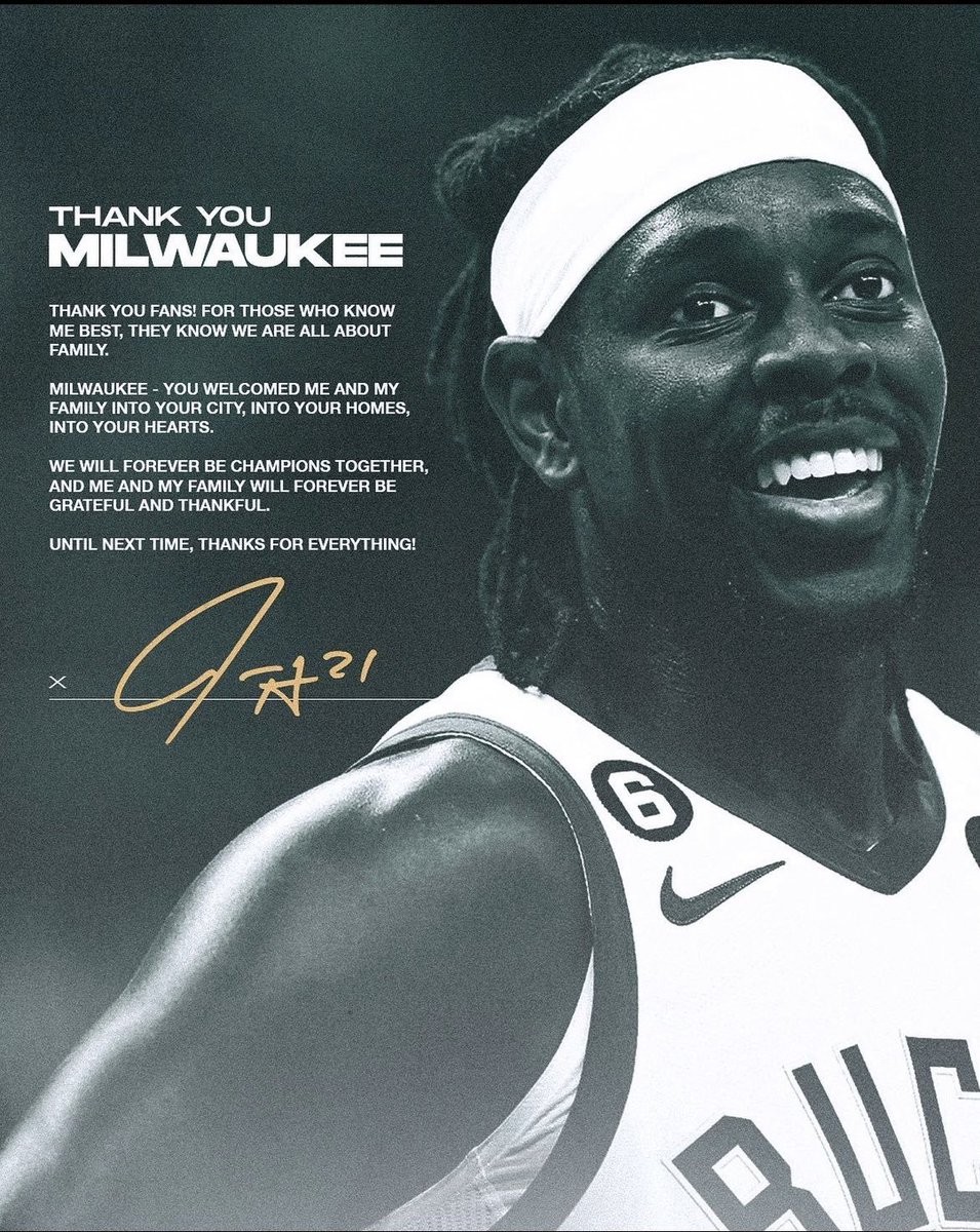 Jrue Holiday says goodbye to the Milwaukee Bucks on IG💚

"Thank you fans! For those who know me best, they know we are all about family.

Milwaukee - you welcomed me and my family into your city, into your homes, into your hearts.

We will forever be champions together, and me