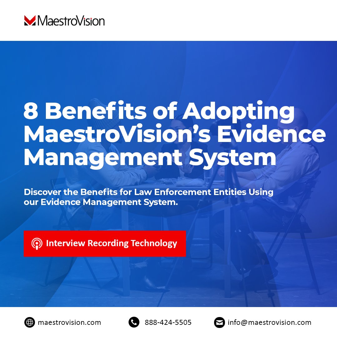 8 Benefits of Adopting MaestroVision’s Evidence Management System. 
Discover the Benefits for Law Enforcement Entities Using our Evidence Management System!
bit.ly/3ZyicEq
#police #interviewrecording #evidence #evidencemanagement