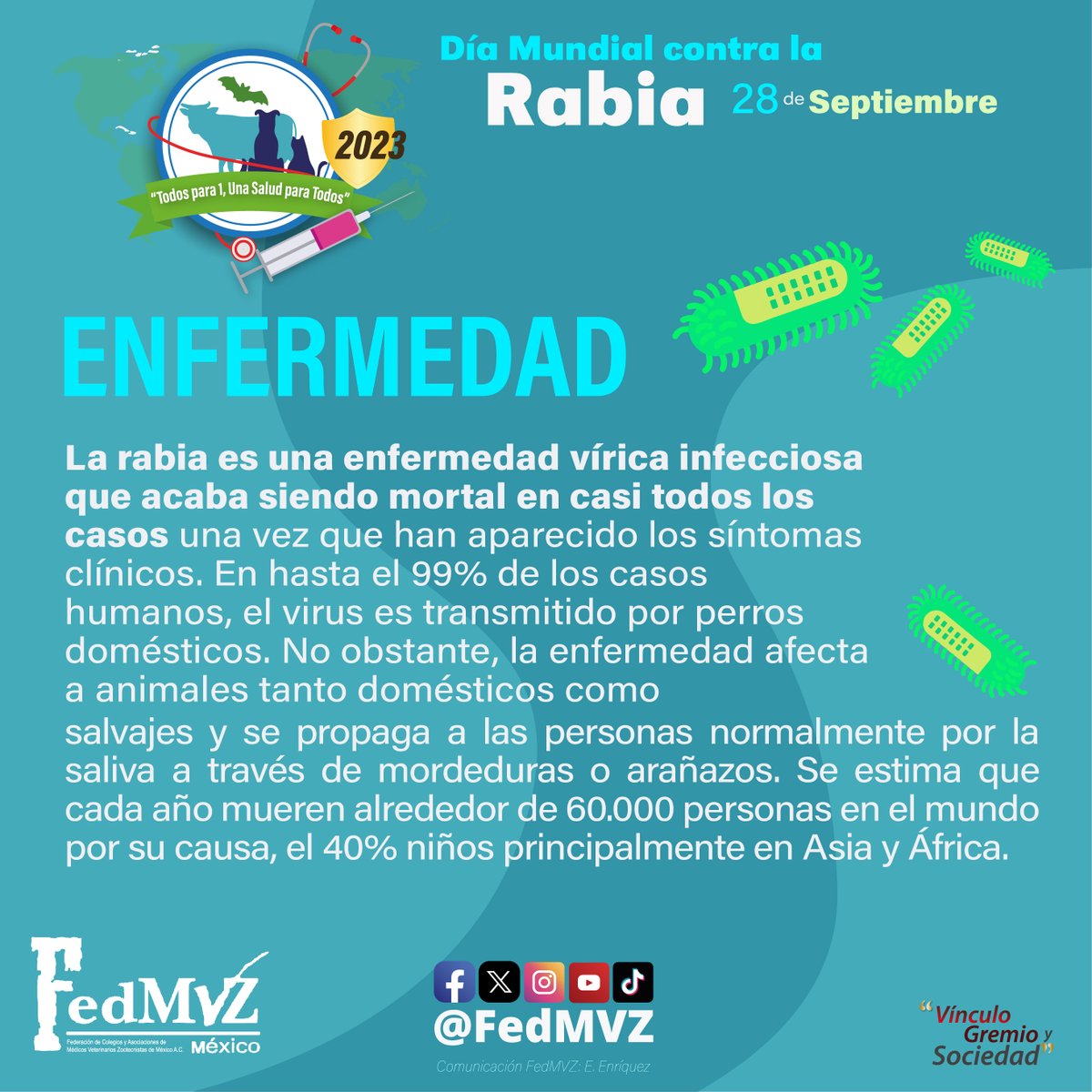 En el #DíaMundialContraLaRabia reconocemos la labor que realizan las y los Médicos Veterinarios Zootecnistas para prevenir esta enfermedad de gran trascendencia e importancia a nivel mundial. Asimismo, manifestamos nuestro compromiso y exhortamos a nuestros colegas a continuar